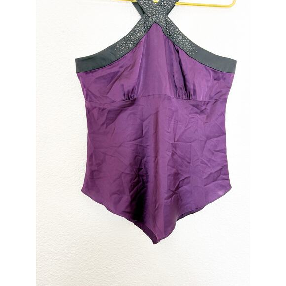 Vintage Y2K Cache Purple Silk Beaded Asymmetric Hem Top Size Medium Satin - Picture 6 of 8